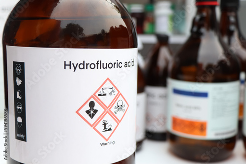 Hydrofluoric acid, Hazardous chemicals and symbols on containers photo