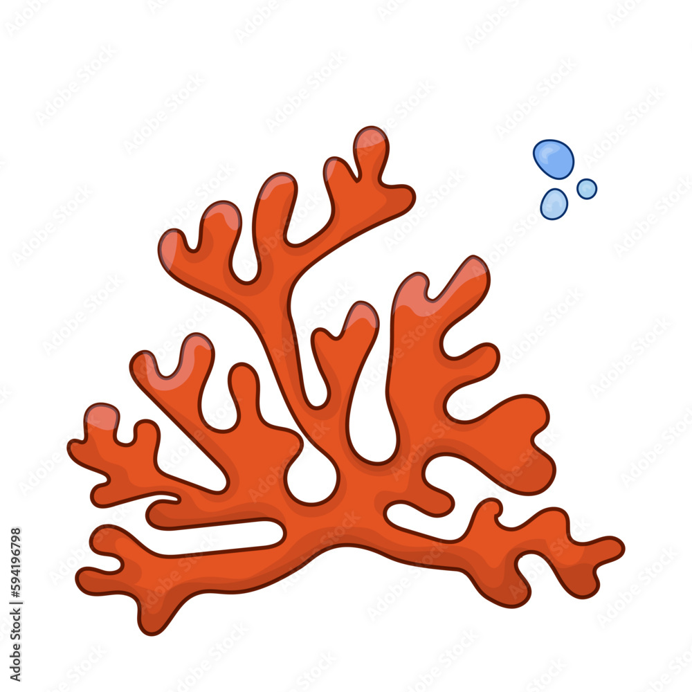 Red Coral marine vector Illustration with air bubble. Cartoon Isolated on the white. Sea life nature