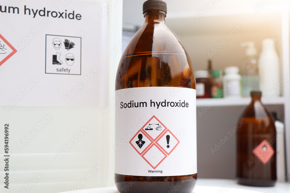 sodium hydroxide, Hazardous chemicals and symbols on containers Stock