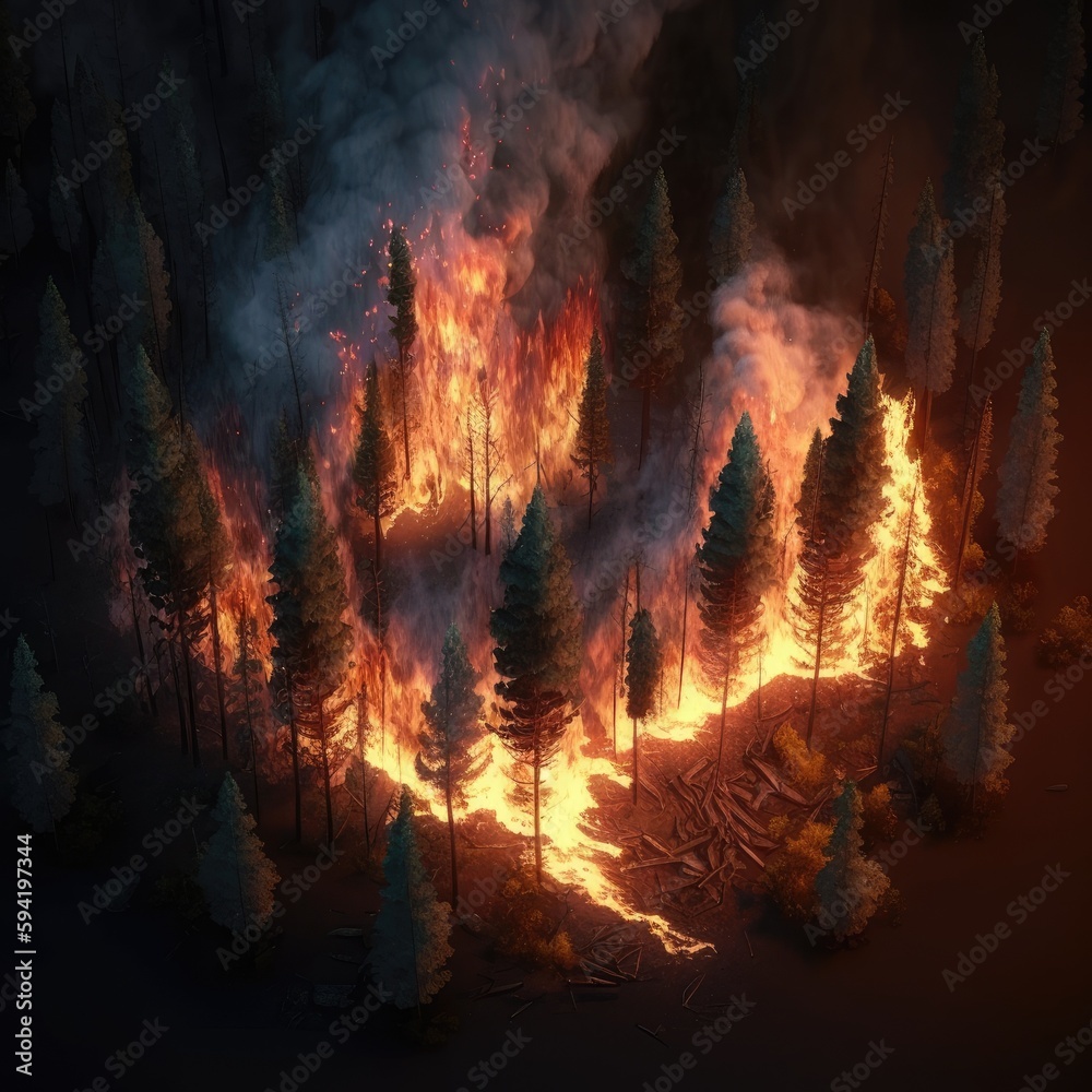 Forest fire with trees in fire. Generative AI Forest fire with trees in fire. Generative AI