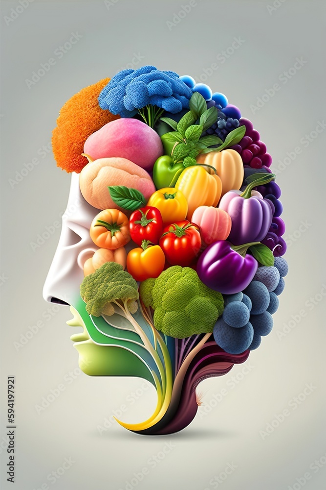 healthy brain, healthy eating, illustration of human brain with colorful vegetables