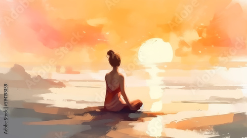 Woman practicing yoga on the beach at sunset. watercolor style. generative ai.