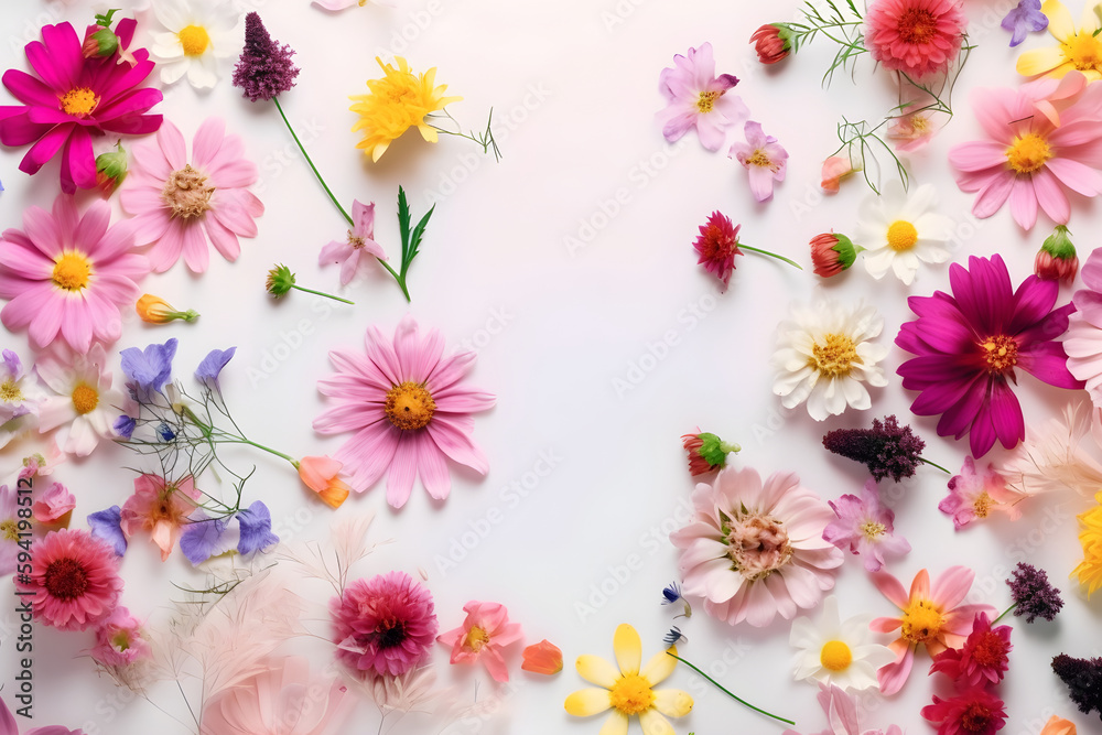 Wildflowers on a white background with a place for text, colorful summer flowers. With Generative AI tehnology