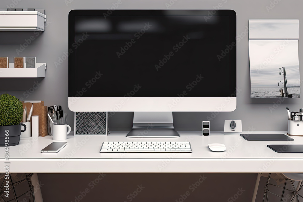 workspace with mock up computer and office supplies gadget. Blank screen and copy space workspace with mock up computer and office supplies gadget. Blank screen and copy space