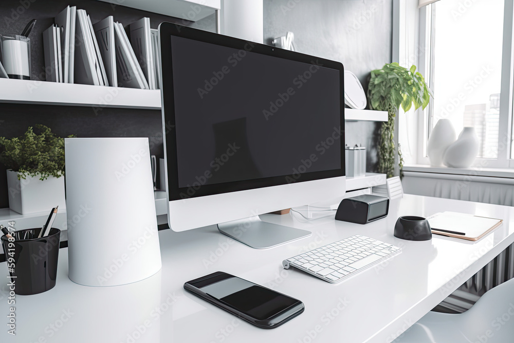 workspace with mock up computer and office supplies gadget. Blank screen and copy space workspace with mock up computer and office supplies gadget. Blank screen and copy space