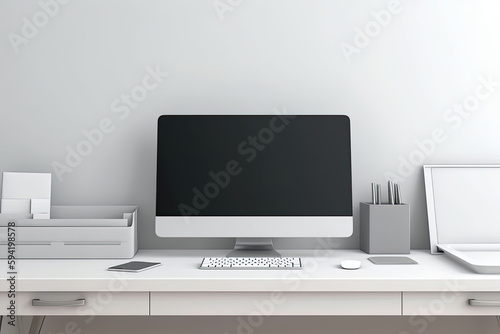 workspace with mock up computer and office supplies gadget. Blank screen and copy space	
