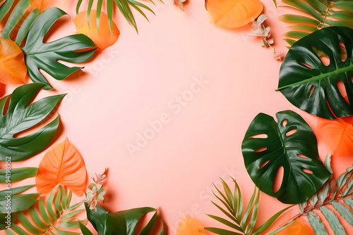Tropical leaves on pink background with place for text. With Generative AI tehnology