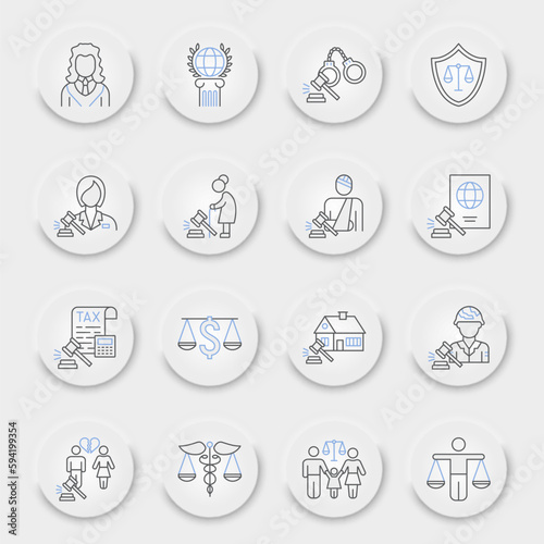 Law Fields line icon set, Fields of Law collection, vector graphics, neumorphic UI UX buttons, law fields vector icons, justice signs, outline pictograms, editable stroke