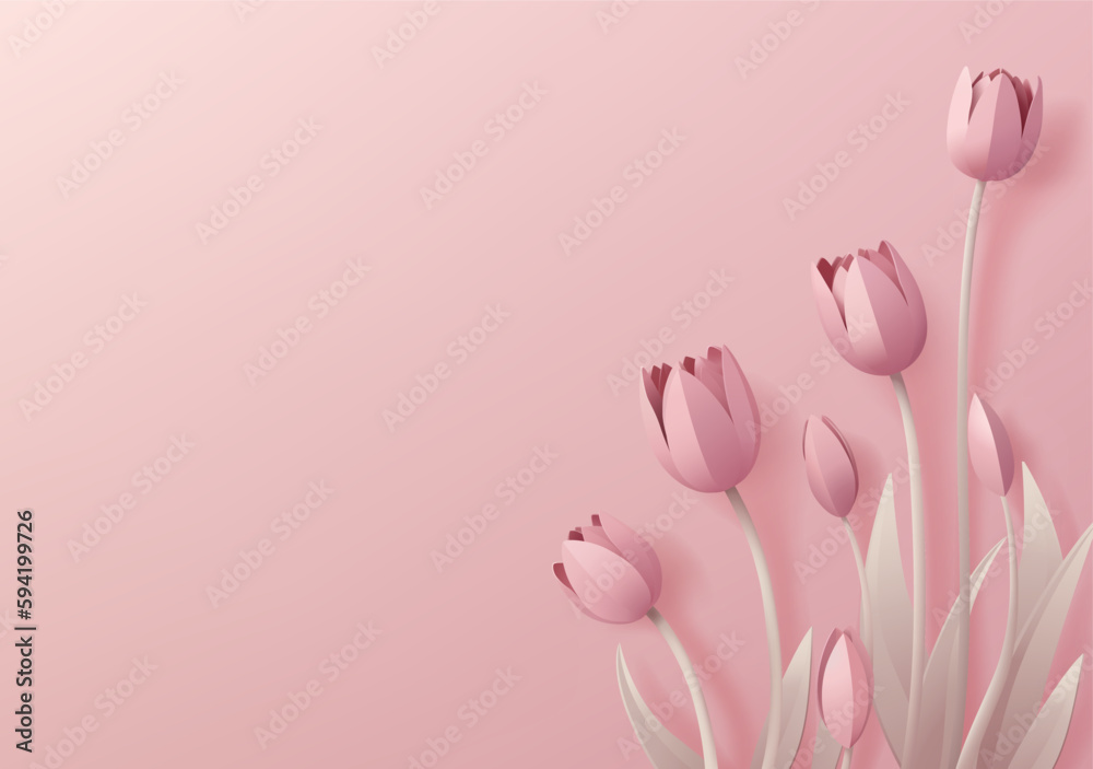 Paper craft or paper cut origami style floral tulip flowers design. With pink tulips background corner frame design elements. Perfect for Valentines Day or Mothers Day.