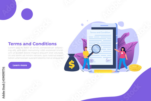 Terms And Conditions concept.  Document paper, contract. Vector illustration in flat style.