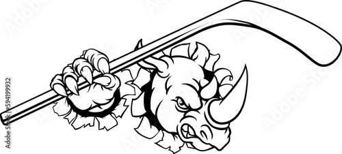 A rhino ice hockey player animal sports mascot holding a hockey stick