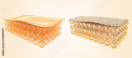 Fototapeta Naklejka Na Ścianę i Meble -  Structure of healthy and damaged skin, young and old, normal and dry, collagen and elastin, 3d render set icons. Skin layers epidermis and dermis with cells isolated on background. 3D illustration
