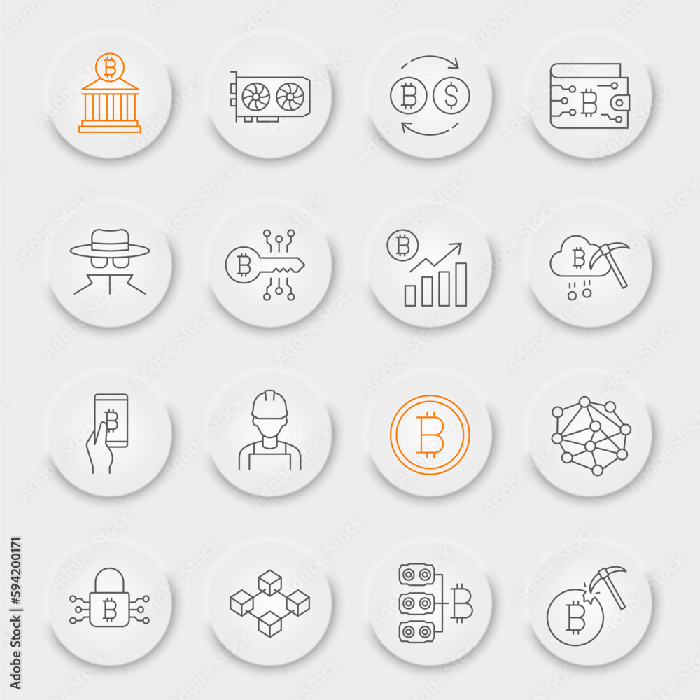 Bitcoin line icon set, blockchain collection, vector graphics, neumorphic UI UX buttons, bitcoin vector icons, cryptocurrency signs, outline pictograms, editable stroke Bitcoin line icon set, blockchain collection, vector graphics, neumorphic UI UX buttons, bitcoin vector icons, cryptocurrency signs, outline pictograms, editable stroke