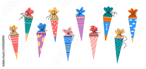 Set of candy,school cones for first grader in germany.Flat vector illustration.