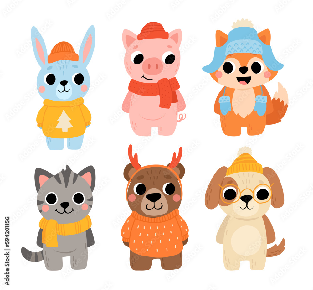 Cute wild and domestic animals set in winter clothes, including brown bear, cat, dog, pig, fox, and rabbit. Cartoon kids illustration with hats and sweaters.