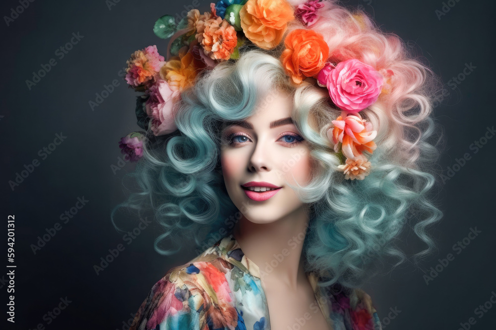 Smiling girl with baroque wig with flowers. Generative AI. Smiling girl with baroque wig with flowers. Generative AI.