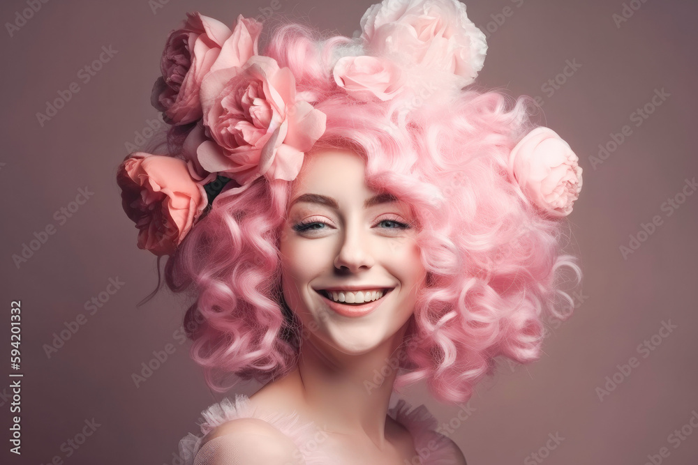Smiling girl with baroque wig with flowers. Generative AI. Smiling girl with baroque wig with flowers. Generative AI.