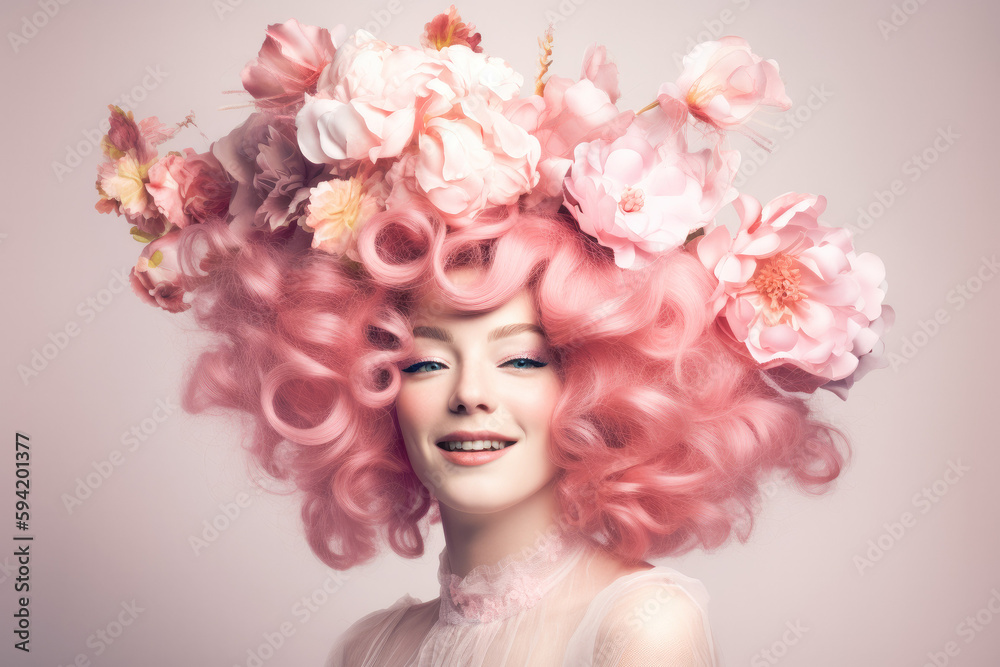Naklejka premium Smiling girl with baroque wig with flowers. Generative AI. 