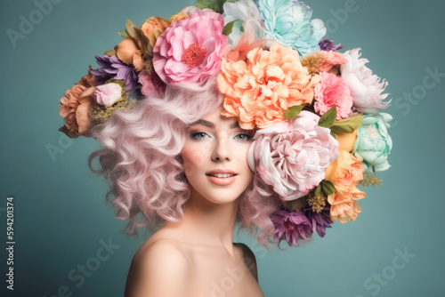 Smiling girl with baroque wig with flowers. Generative AI. 