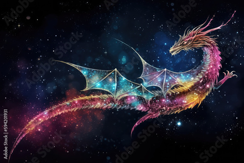 Colored dragon flew in galaxy, generative AI © Kien