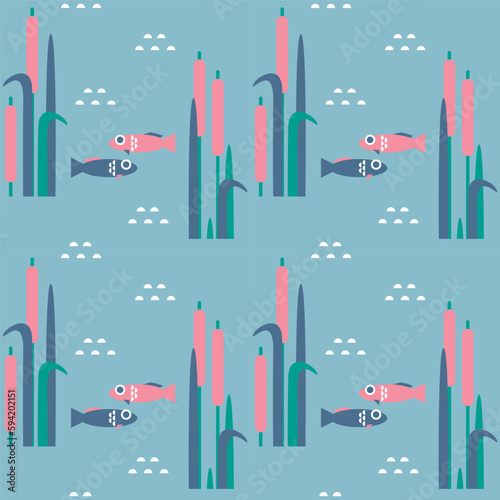 Seamless pattern with fish in the reeds on the lake for printing on textiles and packaging. Natural vegetation in flat graphic geometric style. Concept illustration about fishing. Camping.