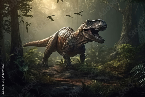 Extremely detailed and realistic illustration of dinosaur, t rex hunting in prehistoric jungle, generative AI © Kien