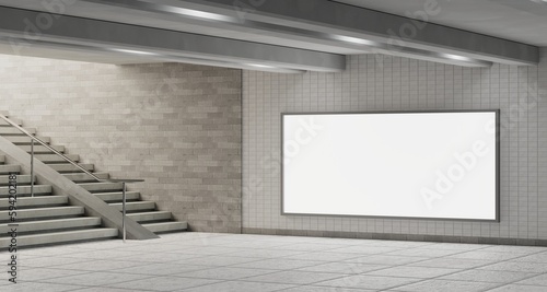 Empty white mock up billboard frame in underground hall with stairs in metro station. Commercial ad concept. 3D Rendering. High resolution.