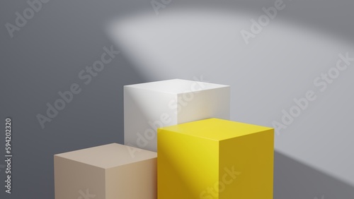 3d background products display yellow podium. background vector 3d rendering with three podium. stand to show cosmetic product on podium 3d. Stage showcase on pedestal display grey background studio