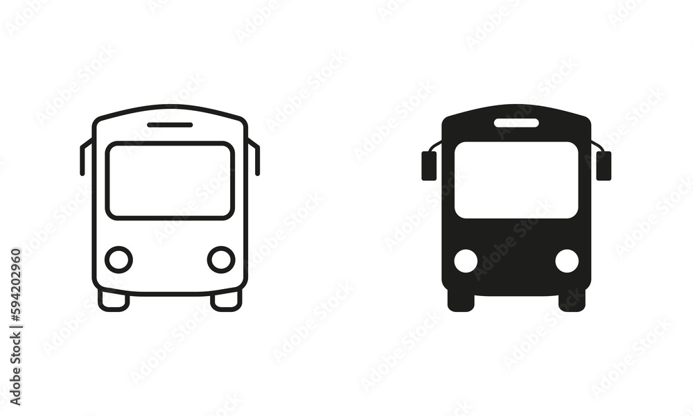 Bus Line and Silhouette Black Icon Set. School Shuttle Pictogram. Stop Station for City Public Vehicle Transport Outline and Solid Symbol Collection on White Background. Isolated Vector Illustration
