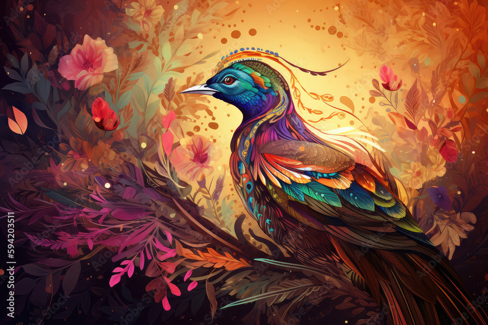 Paradise bird on exotic floral background, fantasy colorful illustration, generative AI