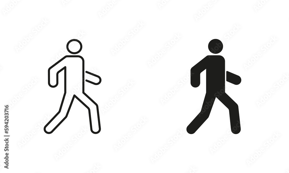 Pedestrian Walk on Street. Person Run Line and Silhouette Black Icon Set. Man Walking Pictogram. Human on Road Outline and Solid Sign Collection on White Background. Isolated Vector Illustration