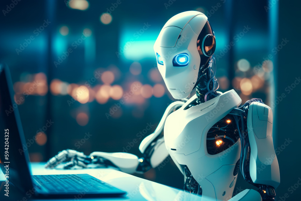 Artificial intelligence robot doing office job at the desk. Generative AI Artificial intelligence robot doing office job at the desk. Generative AI