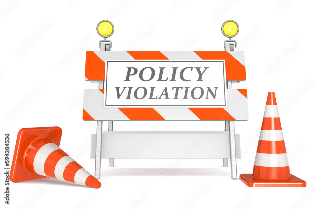 Policy violation sign on barricade and traffic cones - obrazy, fototapety, plakaty 