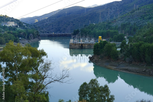 Reservoir Condo del Guadalore, hydroelectric power plant, Turon River, energy source water stream, natural mountain resort El Chorro gorge, views of mountains andalusia, concept ecology, clean energy
