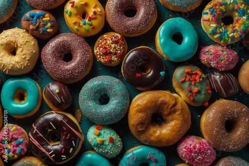 Many bright and colorful glazed donuts, blue background. Generative AI