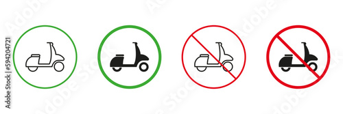 Moped Delivery Red and Green Road Warning Signs. Scooter Permit and Not Allowed Transportation Traffic Signs. Fast Motorcycle, Motor Bike Line and Silhouette Icons Set. Isolated Vector Illustration