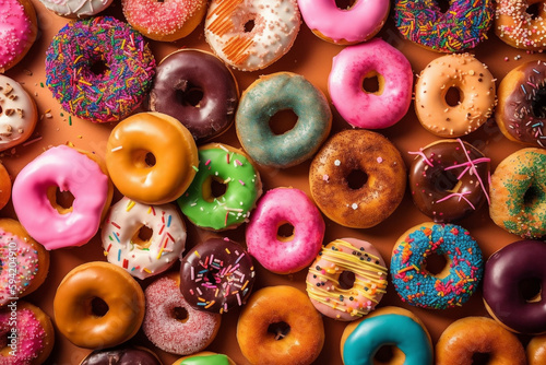 Many donuts rainbow colors. Generative AI
