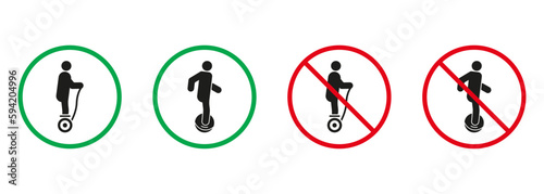 Gyro Scooter, Monowheel Silhouette Icons Set. Allowed and Prohibited Danger Transport Pictogram. Electric Unicycle Hoverboard Gyroscooter Red and Green Signs. Isolated Vector Illustration © Toxa2x2