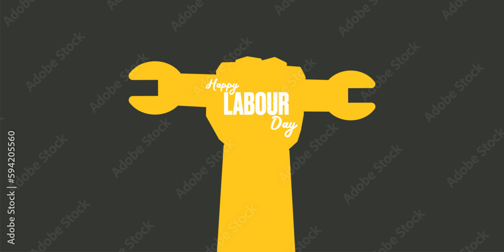 Vector silhouette of red clenched fist holding wrench isolated on grey background. Labour day and international workers day poster, label, greeting card with hand. 1 may logo design template