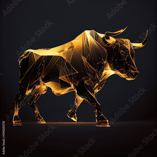 Stylized golden bull standing on a dark background.  striking representation of the bullish symbol  often associated with the finance industry and stock market. Generative AI
