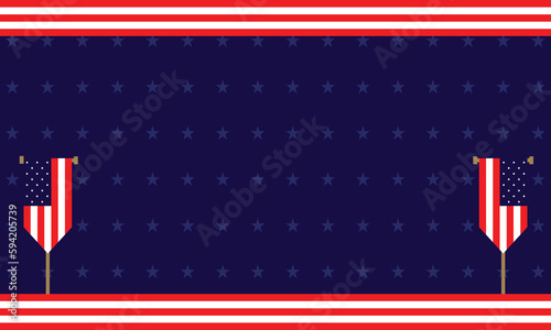 Background of American Flag Day with two flying United States flags, some flag ornaments and a star. and copy space area. Suitable to be placed on content with that theme.