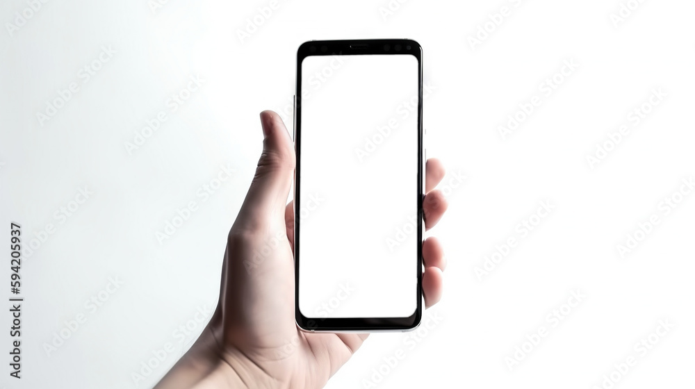 Phone screen mockup with hand holding a smartphone. Isolated PNG screen generate ai