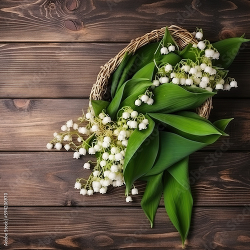 Lily of the valley bouquet on wooden background. Promotion and shopping template for Labor Day