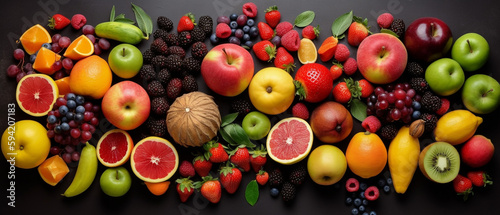 Various types of fruits with aesthetic arrangement, top view.