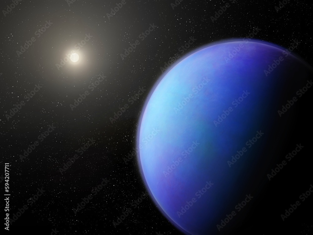 Alien planet with star in deep space, cosmic landscape. Earth-like exoplanet near the sun.
