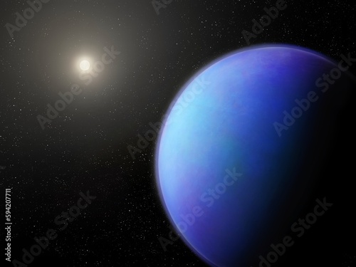 Alien planet with star in deep space  cosmic landscape. Earth-like exoplanet near the sun.