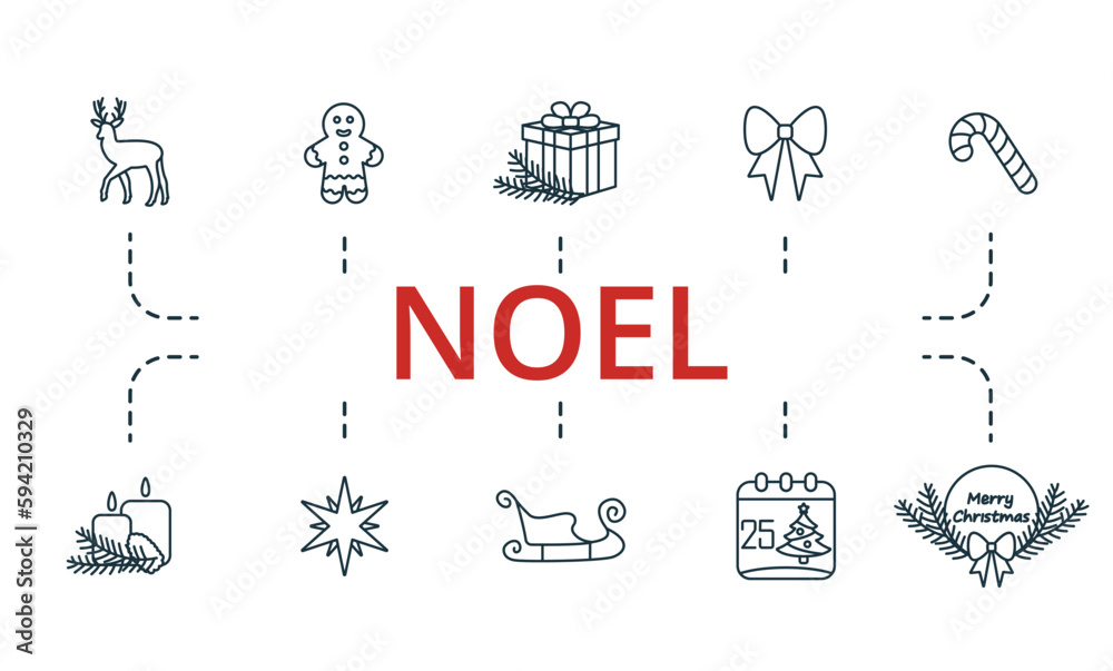 Noel outline set. Creative icons: elk, gingerbread man, christmas gift, festive bow, candy cane, candles, christmas star, sleigh, christmas day, merry christmas.