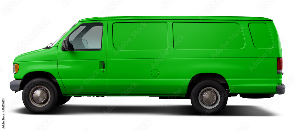 Classic American green cargo van. Side view on a transparent background in PNG format.