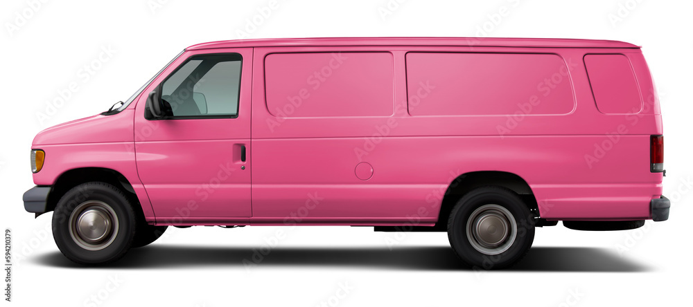 Classic American pink cargo van. Side view on a transparent background in PNG format. Classic American pink cargo van. Side view on a transparent background in PNG format.