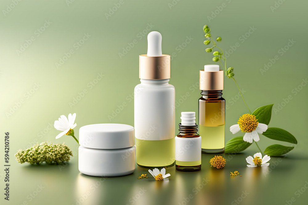 Cosmetic jars with organic creams, serum and essential oil with wild herbs and flowers on green background. Concept of wild-harvested beauty and natural cosmetics based on a wild plant. Generative ai